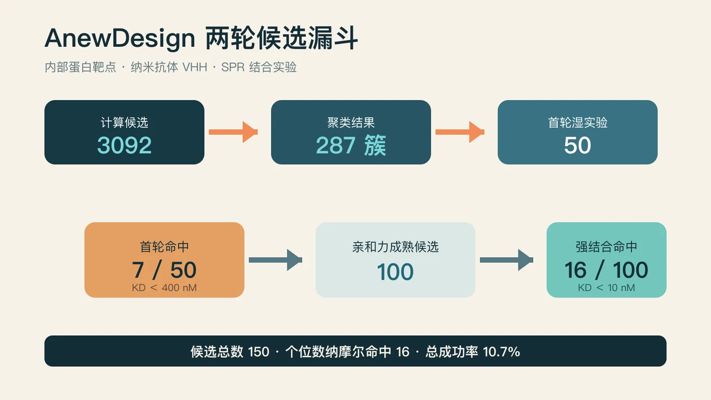 AnewDesign 两轮候选漏斗，数据来源：Anew Labs 技术报告