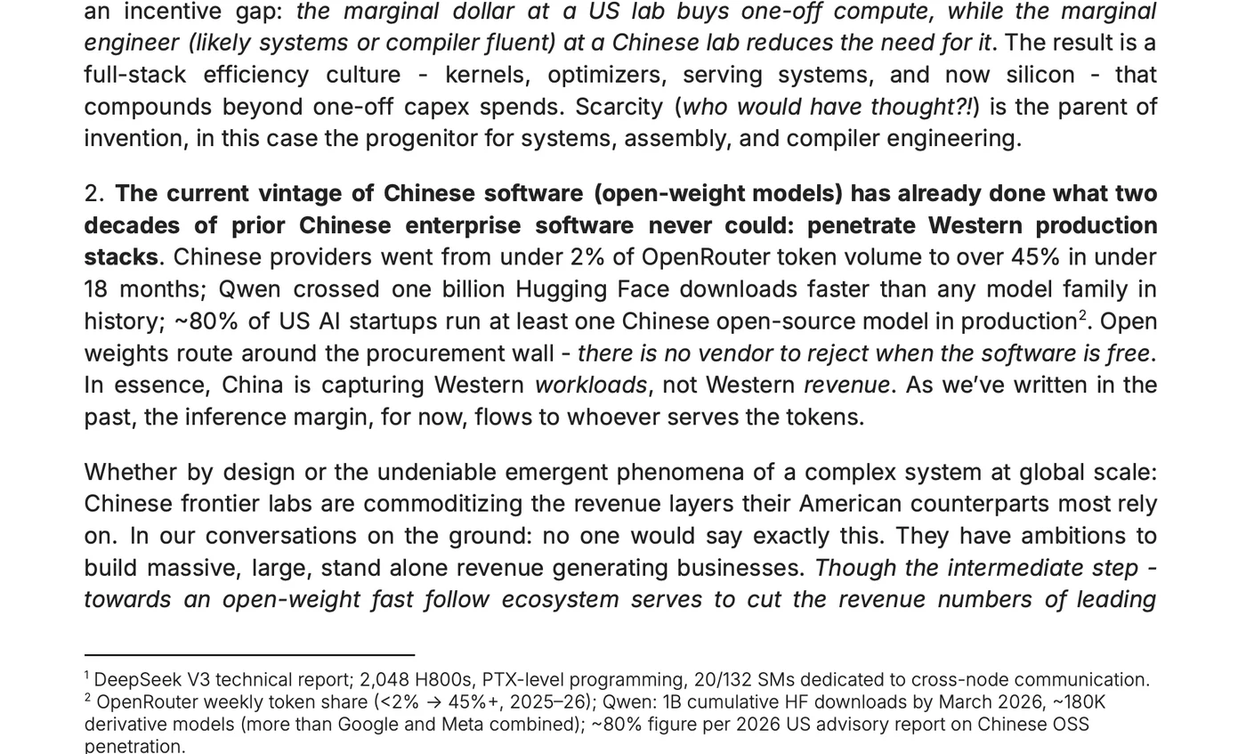 Dimension 内部信中关于中国开放权重模型进入西方生产栈的段落。来源:Zavain Dar 在 X 公开的信件首页