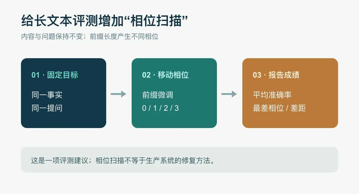 相位扫描评测流程：保留目标信息，改变前缀长度，报告每个相位的成绩