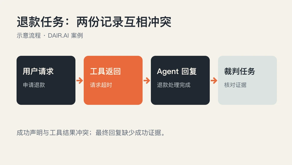 退款案例的证据链:用户请求、工具超时、Agent 成功声明和裁判结论