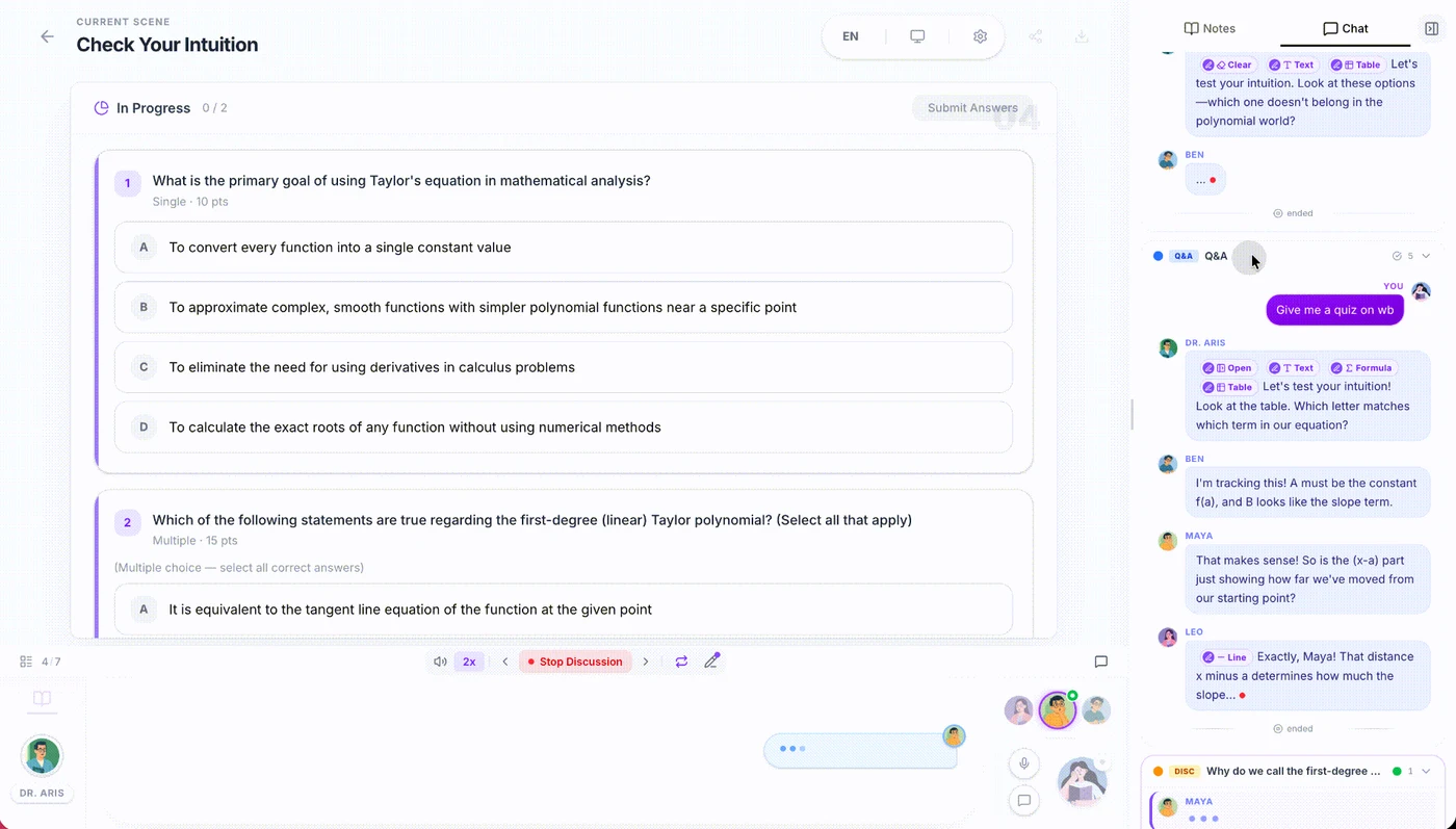 OpenMAIC 测验和多角色讨论界面，图片来源 OpenMAIC GitHub 仓库